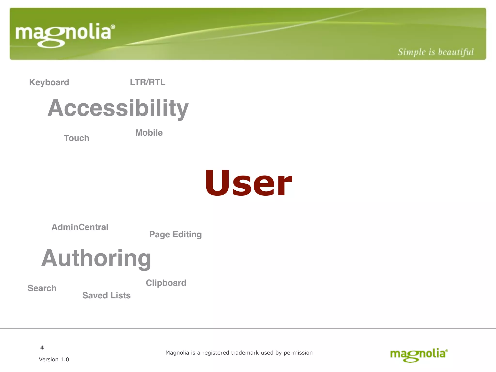 Keyboard                  LTR/RTL


      Accessibility
                              Mobile
           Touch




                                                    User
      AdminCentral
                                 Page Editing


  Authoring
                                Clipboard
Search
                Saved Lists




  4
                                       Magnolia is a registered trademark used by permission
  Version 1.0
 