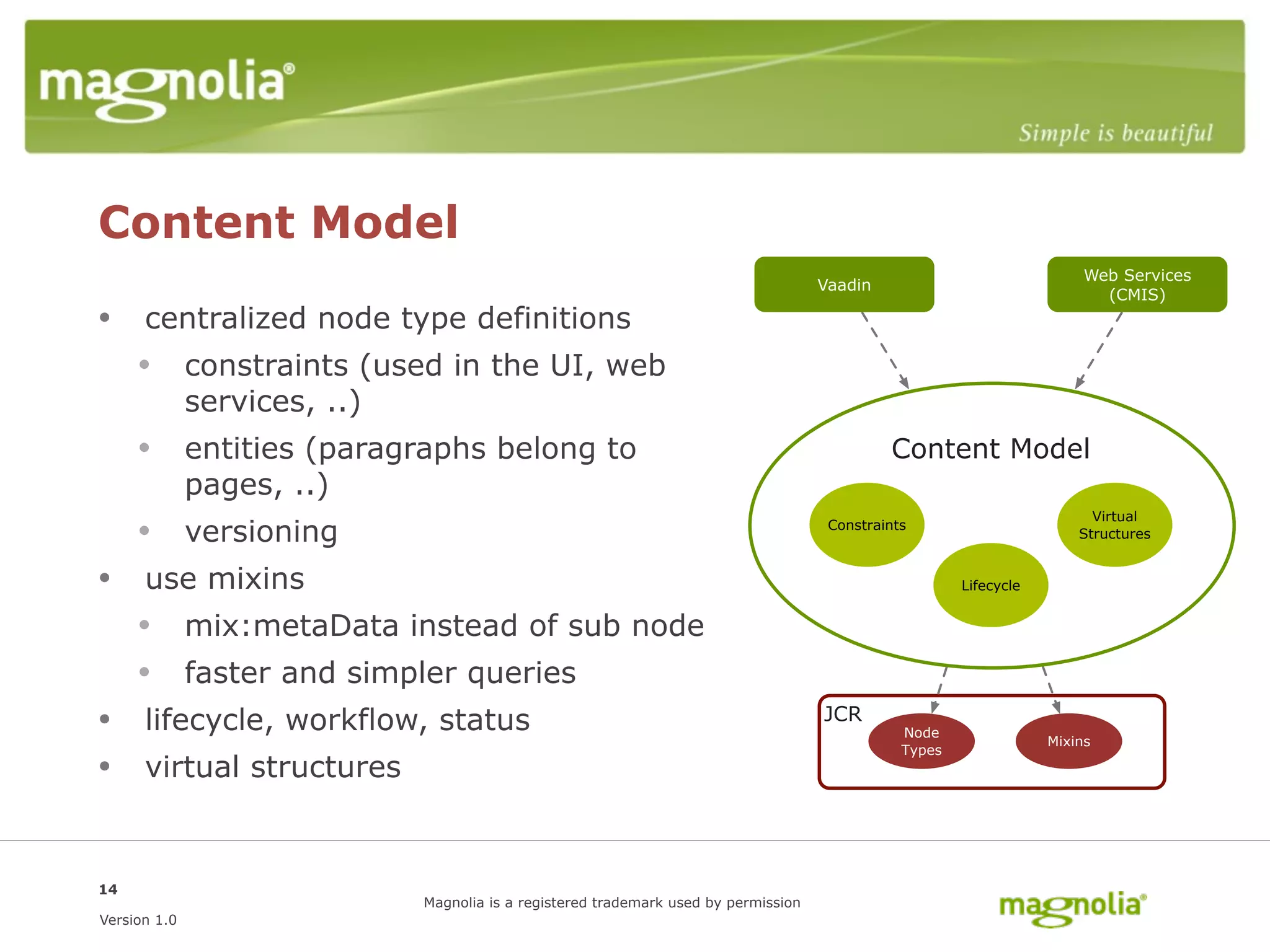 Content Model
                                                                                                                          Web Services
                                                                                      Vaadin
                                                                                                                            (CMIS)
• centralized node type definitions
  • constraints (used in the UI, web
              services, ..)
     • entities (paragraphs belong to                                                          Content Model
              pages, ..)
                                                                                                                           Virtual
     • versioning                                                                      Constraints
                                                                                                                         Structures


• use mixins                                                                                             Lifecycle


  • mix:metaData instead of sub node
  • faster and simpler queries
• lifecycle, workflow, status                                                         JCR
                                                                                                 Node
                                                                                                                     Mixins
                                                                                                 Types
• virtual structures


14
                              Magnolia is a registered trademark used by permission
Version 1.0
 