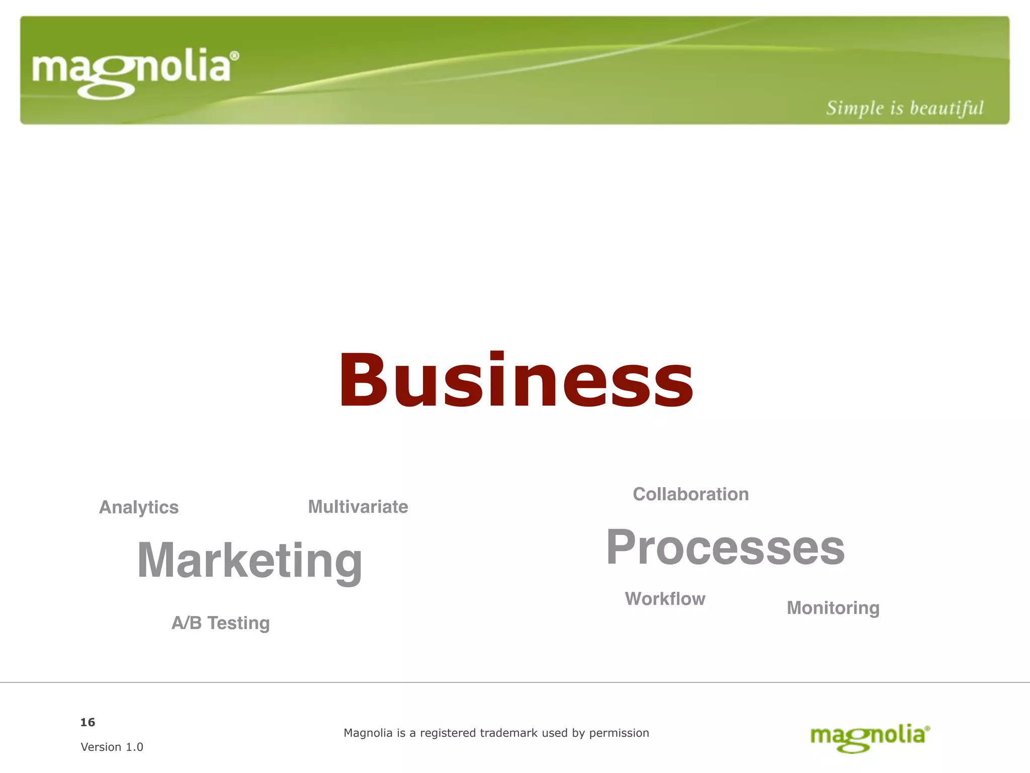 Business
                                                                                  Collaboration
     Analytics              Multivariate


         Marketing                                                           Processes
                                                                                Workﬂow           Monitoring
              A/B Testing




16
                                Magnolia is a registered trademark used by permission
Version 1.0
 