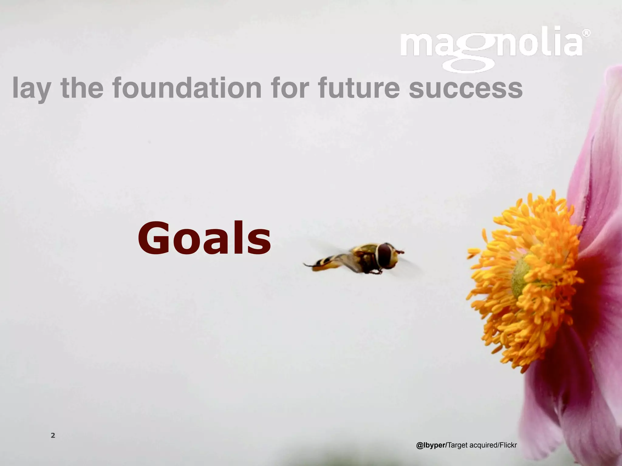 lay the foundation for future success




                Goals



  2
                  Magnolia is a registered trademark used by permission   @lbyper/Target acquired/Flickr
  Version 1.0
 