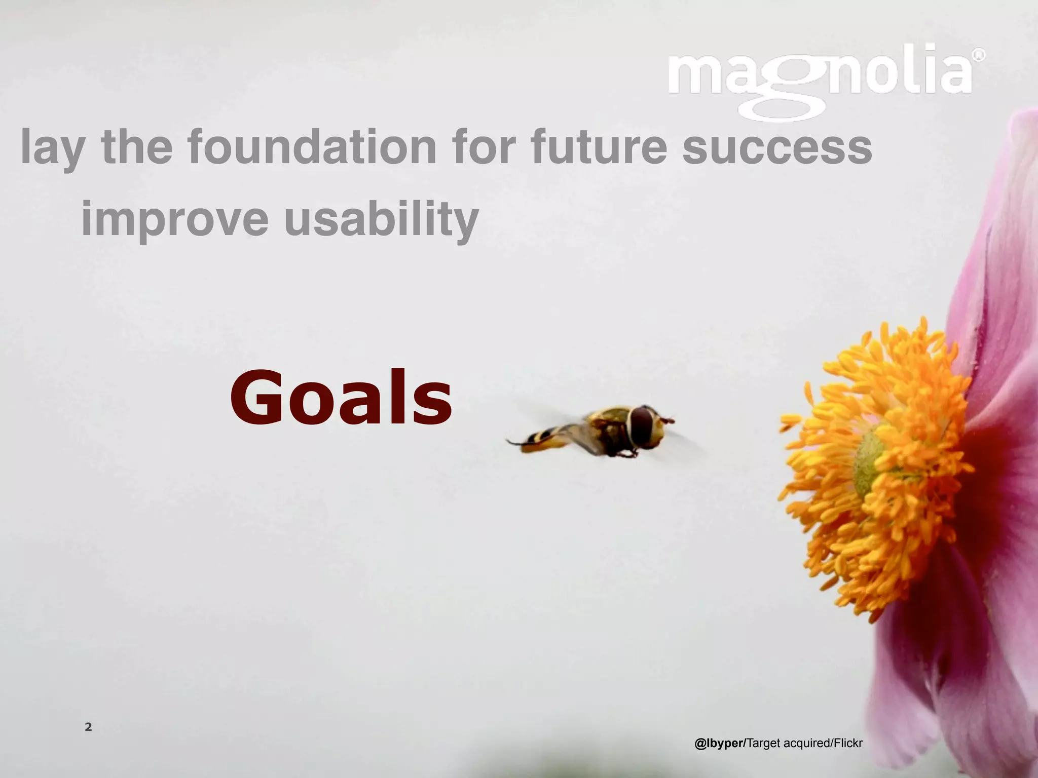 lay the foundation for future success
   improve usability


                Goals



  2
                  Magnolia is a registered trademark used by permission   @lbyper/Target acquired/Flickr
  Version 1.0
 