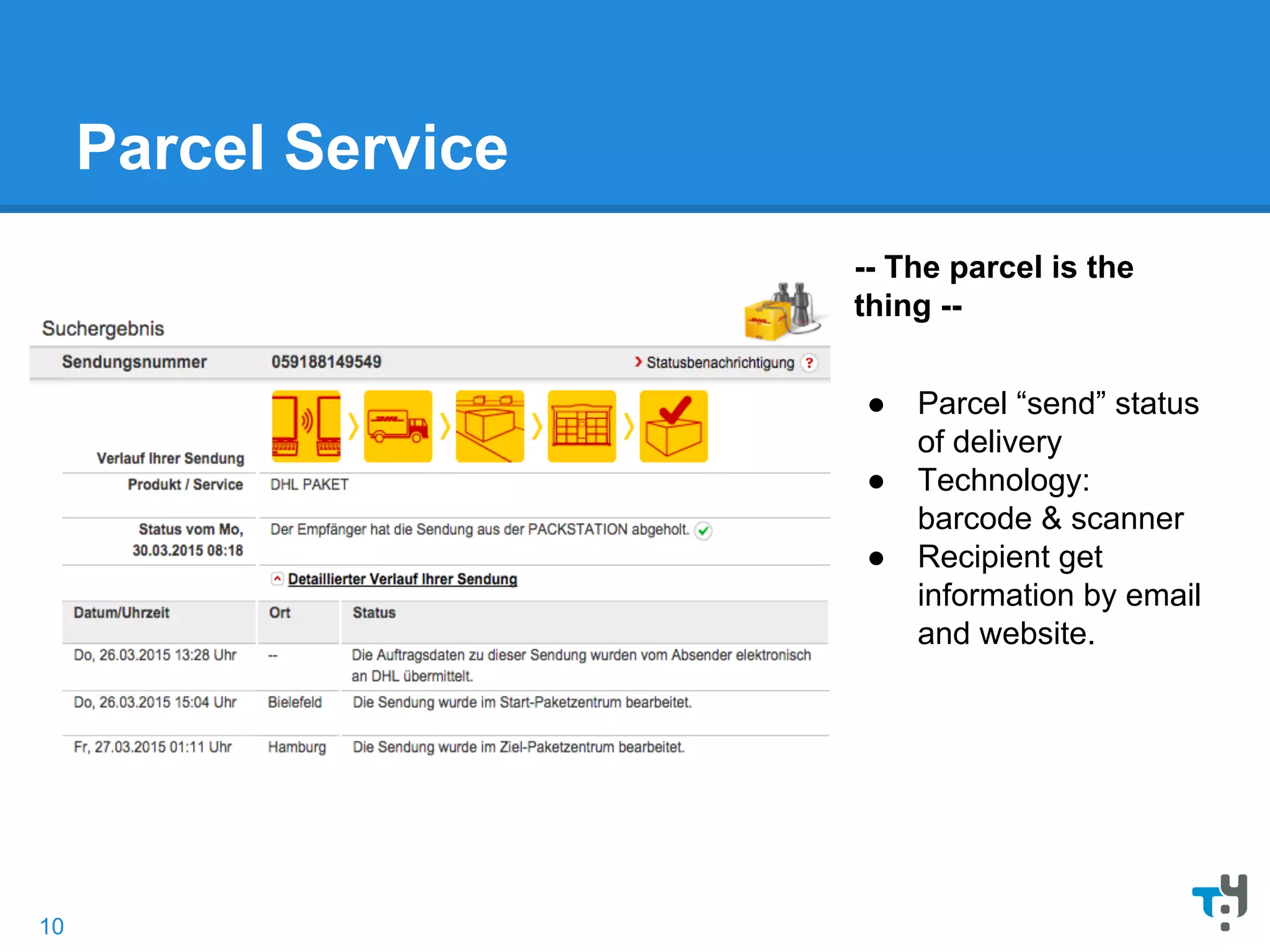 Parcel Service
-- The parcel is the
thing --
● Parcel “send” status
of delivery
● Technology:
barcode & scanner
● Recipient get
information by email
and website.
10
 