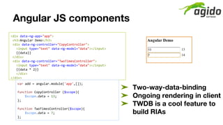 Angular JS components
<div data-ng-app="app">
<h3>Angular Demo</h3>
<div data-ng-controller="CopyController">
<input type=...