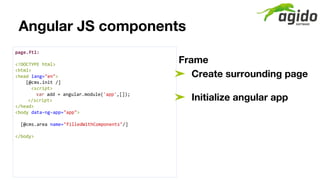 Angular JS components
page.ftl:
<!DOCTYPE html>
<html>
<head lang="en">
[@cms.init /]
<script>
var add = angular.module('a...