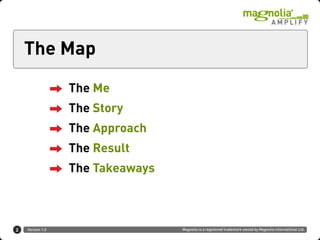 The Map

                  The Me
                  The Story
                  The Approach
                  The Result
                  The Takeaways



2   Version 1.0                   Magnolia is a registered trademark owned by Magnolia International Ltd.
 