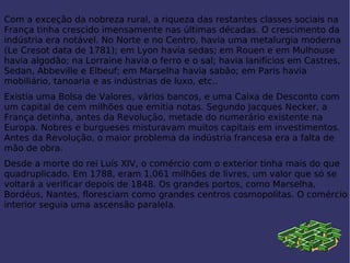 Com a exceção da nobreza rural, a riqueza das restantes classes sociais na França tinha crescido imensamente nas últimas décadas. O crescimento da indústria era notável. No Norte e no Centro, havia uma metalurgia moderna (Le Cresot data de 1781); em Lyon havia sedas; em Rouen e em Mulhouse havia algodão; na Lorraine havia o ferro e o sal; havia lanifícios em Castres, Sedan, Abbeville e Elbeuf; em Marselha havia sabão; em Paris havia mobiliário, tanoaria e as indústrias de luxo, etc.. Existia uma Bolsa de Valores, vários bancos, e uma Caixa de Desconto com um capital de cem milhões que emitia notas. Segundo  Jacques Necker , a França detinha, antes da Revolução, metade do numerário existente na Europa. Nobres e burgueses misturavam muitos capitais em investimentos. Antes da Revolução, o maior problema da indústria francesa era a falta de mão de obra. Desde a morte do rei  Luís XIV , o comércio com o exterior tinha mais do que quadruplicado. Em 1788, eram 1,061 milhões de livres, um valor que só se voltará a verificar depois de 1848. Os grandes portos, como Marselha, Bordéus, Nantes, floresciam como grandes centros cosmopolitas. O comércio interior seguia uma ascensão paralela. 