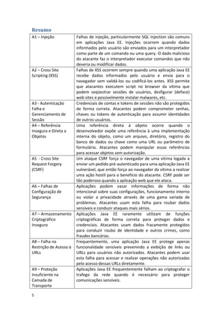 5 
Resumo 
A1 – Injeção 
Falhas de injeção, particularmente SQL Injection são comuns em aplicações Java EE. Injeções ocorrem quando dados informados pelo usuário são enviados para um interpretador como parte de um comando ou uma query. O dado malicioso do atacante faz o interpretador executar comandos que não deveria ou modificar dados. 
A2 – Cross Site Scripting (XSS) 
Falhas de XSS ocorrem sempre quando uma aplicação Java EE recebe dados informados pelo usuário e envia para o navegador sem validá-los ou codificá-los antes. XSS permite que atacantes executem script no browser da vítima que podem seqüestrar sessões de usuários, desfigurar (deface) web sites e possivelmente instalar malwares, etc. 
A3 - Autenticação Falha e Gerenciamento de Sessão 
Credenciais de contas e tokens de sessões não são protegidos de forma correta. Atacantes podem comprometer senhas, chaves ou tokens de autenticação para assumir identidades de outros usuários. 
A4 – Referência Insegura e Direta a Objetos 
Uma referência direta à objeto ocorre quando o desenvolvedor expõe uma referência à uma implementação interna do objeto, como um arquivo, diretório, registro do banco de dados ou chave como uma URL ou parâmetro de formulário. Atacantes podem manipular essas referências para acessar objetos sem autorização. 
A5 - Cross Site Request Forgery 
(CSRF) 
Um ataque CSRF força o navegador de uma vitima logada a enviar um pedido pré-autenticado para uma aplicação Java EE vulnerável, que então força ao navegador da vítima a realizar uma ação hostil para o benefício do atacante. CSRF pode ser tão poderoso quando a aplicação web que ele ataca. 
A6 – Falhas de Configuração de Segurança 
Aplicações podem vazar informações de forma não intencional sobre suas configurações, funcionamento interno ou violar a privacidade através de uma gama variada de problemas. Atacantes usam esta falha para roubar dados sensíveis e conduzir ataques mais sérios. 
A7 – Armazenamento Criptográfico Inseguro 
Aplicações Java EE raramente utilizam de funções criptográficas de forma correta para proteger dados e credenciais. Atacantes usam dados fracamente protegidos para conduzir roubo de identidade e outros crimes, como fraudes bancárias. 
A8 – Falha na Restrição de Acesso à URLs 
Frequentemente, uma aplicação Java EE protege apenas funcionalidade sensíveis prevenindo a exibição de links ou URLs para usuários não autorizados. Atacantes podem usar esta falha para acessar e realizar operações não autorizadas pelo acesso dessas URLs diretamente. 
A9 – Proteção Insuficiente na Camada de Transporte 
Aplicações Java EE frequentemente falham ao criptografar o trafego da rede quando é necessário para proteger comunicações sensíveis.  