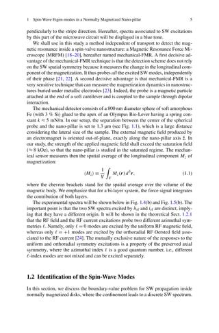 1 Spin-Wave Eigen-modes in a Normally Magnetized Nano-pillar 5
pendicularly to the stripe direction. Hereafter, spectra associated to SW excitations
by this part of the microwave circuit will be displayed in a blue tone.
We shall use in this study a method independent of transport to detect the mag-
netic resonance inside a spin-valve nanostructure: a Magnetic Resonance Force Mi-
croscope (MRFM) [18–20], hereafter named mechanical-FMR. A ﬁrst decisive ad-
vantage of the mechanical-FMR technique is that the detection scheme does not rely
on the SW spatial symmetry because it measures the change in the longitudinal com-
ponent of the magnetization. It thus probes all the excited SW modes, independently
of their phase [21, 22]. A second decisive advantage is that mechanical-FMR is a
very sensitive technique that can measure the magnetization dynamics in nanostruc-
tures buried under metallic electrodes [23]. Indeed, the probe is a magnetic particle
attached at the end of a soft cantilever and is coupled to the sample through dipolar
interaction.
The mechanical detector consists of a 800 nm diameter sphere of soft amorphous
Fe (with 3 % Si) glued to the apex of an Olympus Bio-Lever having a spring con-
stant k ≈ 5 mN/m. In our setup, the separation between the center of the spherical
probe and the nano-pillar is set to 1.3 µm (see Fig. 1.1), which is a large distance
considering the lateral size of the sample. The external magnetic ﬁeld produced by
an electromagnet is oriented out-of-plane, exactly along the nano-pillar axis ˆz. In
our study, the strength of the applied magnetic ﬁeld shall exceed the saturation ﬁeld
(≈ 8 kOe), so that the nano-pillar is studied in the saturated regime. The mechan-
ical sensor measures then the spatial average of the longitudinal component Mz of
magnetization:
Mz ≡
1
V V
Mz(r)d3
r, (1.1)
where the chevron brackets stand for the spatial average over the volume of the
magnetic body. We emphasize that for a bi-layer system, the force signal integrates
the contribution of both layers.
The experimental spectra will be shown below in Fig. 1.4(b) and Fig. 1.5(b). The
important point is that the two SW spectra excited by hrf and irf are distinct, imply-
ing that they have a different origin. It will be shown in the theoretical Sect. 1.2.1
that the RF ﬁeld and the RF current excitations probe two different azimuthal sym-
metries . Namely, only = 0 modes are excited by the uniform RF magnetic ﬁeld,
whereas only = +1 modes are excited by the orthoradial RF Oersted ﬁeld asso-
ciated to the RF current [24]. The mutually exclusive nature of the responses to the
uniform and orthoradial symmetry excitations is a property of the preserved axial
symmetry, where the azimuthal index is a good quantum number, i.e., different
-index modes are not mixed and can be excited separately.
1.2 Identiﬁcation of the Spin-Wave Modes
In this section, we discuss the boundary-value problem for SW propagation inside
normally magnetized disks, where the conﬁnement leads to a discrete SW spectrum.
 