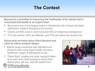 The Context
Banrural is committed to improving the livelihoods of its clients and is
convinced that health is an urgent need
• Banrural is one of the largest banks in Guatemala with a broad and deep
distribution network throughout the country
• Clients are 90% rural or semi-rural and 63% of indigenous background
• 51% are women, 44% are illiterate, and 75% are below the poverty line
3
Using what we know about client demand and
value to inform product design
• Market study conducted with 268 Banrural
clients to learn more about health concerns,
healthcare usage, & willingness to pay
• “Client Math” studies and other research allow
us to learn from other programs about what
clients want, will use, and will benefit from
 