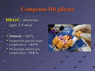 Compenso Hb glicata
HBA1C, misurata
ogni 3-6 mesi
Ottimale: < 7,0 %
Per pazienti giovani senza
complicanze: < 6,5 %
Per pazienti anziani con
complicanze: 7,5-8 %

 