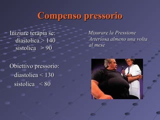 Compenso pressorio
Iniziare terapia se:
diastolica > 140
sistolica > 90
Obiettivo pressorio:
diastolica < 130
sistolica < 80

Misurare la Pressione
Arteriosa almeno una volta
al mese

 