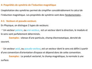 Un vecteur polaire, ou vrai vecteur, est un vecteur dont la direction, le module et
le sens sont parfaitement déterminés.
Exemples : vitesse d’une particule, champ électrostatique, densité de
courant.
En Physique, on distingue 2 types de vecteurs:
Un vecteur axial, ou pseudo-vecteur, est un vecteur dont le sens est défini à partir
d’une convention d’orientation d’espace et dépend donc de cette convention.
Exemples : Le produit vectoriel, le champ magnétique, la normale à une
surface.
4-1- Vecteurs et pseudo-vecteurs
4- Propriétés de symétrie de l’induction magnétique
L’exploitation des symétries permet de simplifier considérablement le calcul de
l’induction magnétique. Les propriétés de symétrie sont donc fondamentales .
 