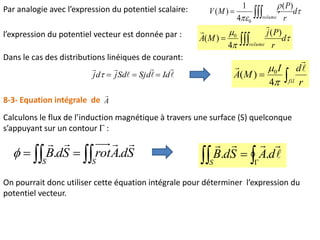 Par analogie avec l’expression du potentiel scalaire: , 


d
r
P
MV
volume
)(
4
1
)(
0
l’expression du potentiel vecteur est donnée par : 


d
r
Pj
MA
volume
)(
4
)( 0


Dans le cas des distributions linéiques de courant:






IdSjdSdjdj  
fil r
dI
MA





4
)( 0
8-3- Equation intégrale de A

Calculons le flux de l’induction magnétique à travers une surface (S) quelconque
s’appuyant sur un contour  :
..  
 

dASdB
S
On pourrait donc utiliser cette équation intégrale pour déterminer l’expression du
potentiel vecteur.
..  
SS
SdArotSdB


 