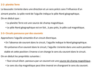2-2- planète Terre
La boussole s'oriente dans une direction et un sens précis sans l'influence d'un
aimant proche. Le pôle nord de l'aiguille indique le pôle Nord géographique.
On en déduit que :
• La planète Terre est une source de champ magnétique.
• Le pôle Nord géographique est en fait , à peu près, le pôle sud magnétique.
2-3- Circuits parcourus par des courants
Approchons l'aiguille aimantée d'un circuit électrique.
• En l'absence de courant dans le circuit, l'aiguille indique le Nord géographique.
•En présence d'un courant dans le circuit, l'aiguille s'oriente dans une autre position
stable et cette position s'inverse si on change le sens du courant dans le circuit.
On en déduit les propriétés suivantes :
• Tout circuit élect. parcouru par un courant est une source de champ magnétique.
• Le sens du chp magnétique peut être inversé en changeant le sens du courant.
 