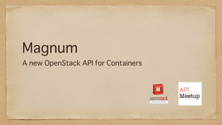 Magnum
A new OpenStack API for Containers
 