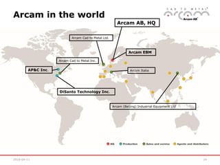 2016-04-11 24
Arcam in the world
Arcam Cad to Metal Ltd.
Arcam Cad to Metal Inc.
AP&C Inc.
Arcam AB, HQ
Arcam Italia
Arcam (Beijing) Industrial Equipment Ltd
DiSanto Technology Inc.
Arcam EBM
 
