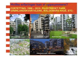 Hvilke erfaringer kan vi oppsummere?
FORTETTING: 1998 – 2010: PILESTREDET PARK,
GRØNLANDSKVARTALENE, WALDEMARS HAGE, ETC:




Pilestredet Park   Stiklestadkvartalet        Waldemars Hage




Pilestredet Park   Stiklestadkvartalet: Teaterplassen          Akerselva
 