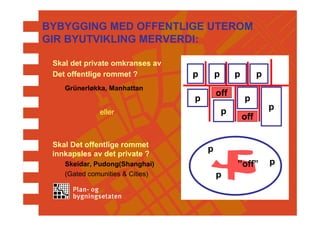 BYBYGGING MED OFFENTLIGE UTEROM
GIR BYUTVIKLING MERVERDI:

 Skal det private omkranses av
 Det offentlige rommet ?          p       p       p         p
    Grünerløkka, Manhattan
                                          off
                                  p                   p
                                              p                 p
              eller
                                                      off


 Skal Det offentlige rommet
 innkapsles av det private ?
                                      p
    Skeidar, Pudong(Shanghai)                     ”off”         p
    (Gated comunities & Cities)           p
 