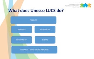 What does Unesco	LUCS	do?
PROJECTS
SEMINARS WORKSHOPS
SCHOLARSHIP EVENTS
RESEARCH	+	MONITORING	(REPORTS)
 