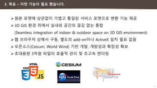 13
3. 목표 – 이런 기능이 필요 했습니다.
원본 포맷에 상관없이 가볍고 통일된 서비스 포맷으로 변환 기능 제공
3D GIS 환경 위에서 실내외 공간의 끊김 없는 통합
(Seamless integration of indoor & outdoor space on 3D GIS environment)
웹 브라우저 상에서 구동, 별도의 add-on이나 ActiveX 설치 필요 없음
오픈소스(Cesium, World Wind) 기반 개발, 개방성과 확장성 확보
초대용량 3차원 파일의 효율적 관리 및 초고속 렌더링
 