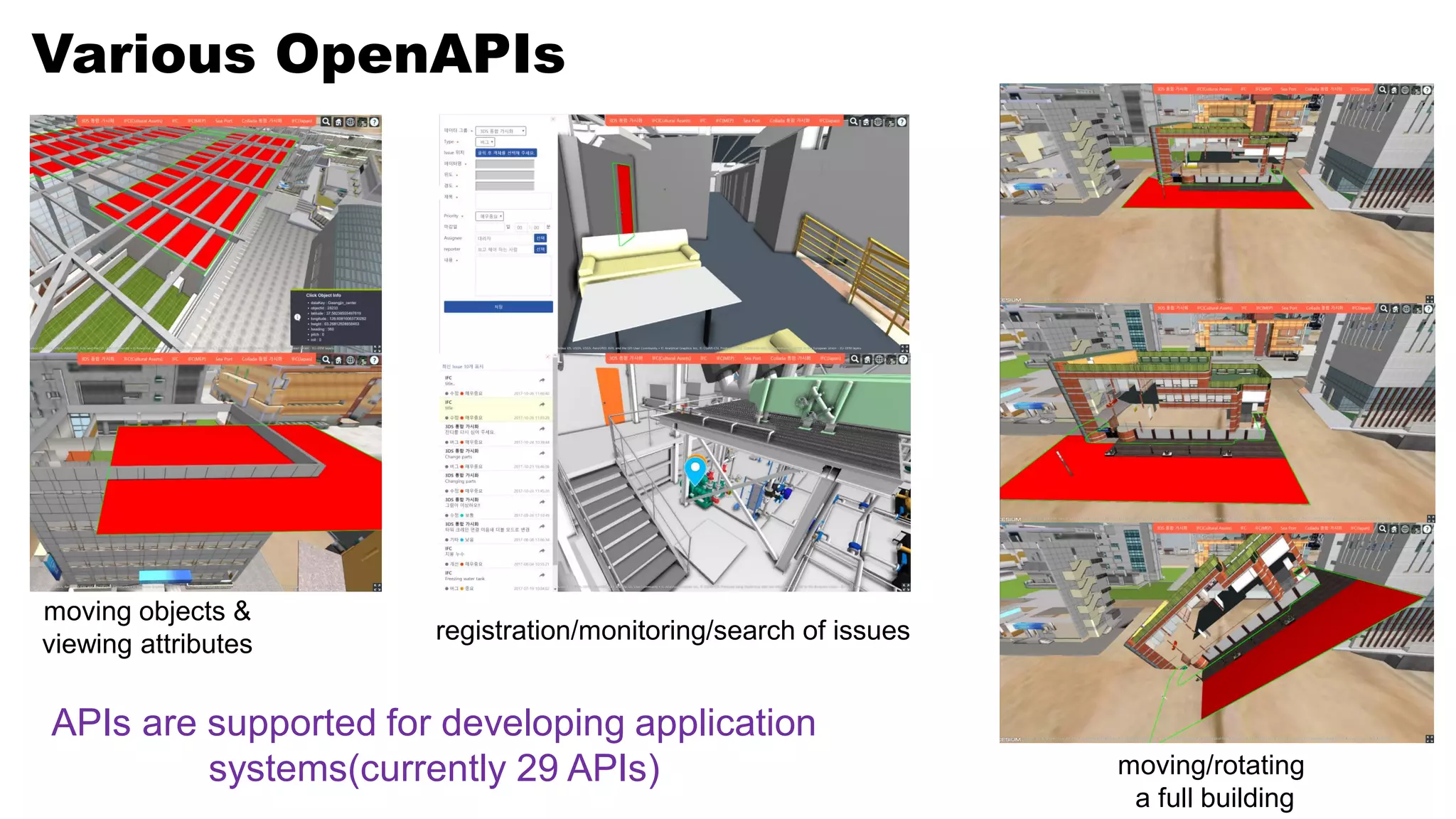 Various OpenAPIs
APIs are supported for developing application
systems(currently 29 APIs) moving/rotating
a full building
moving objects &
viewing attributes registration/monitoring/search of issues
 