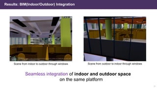 Results: BIM(Indoor/Outdoor) Integration
Seamless integration of indoor and outdoor space
on the same platform
Scene from indoor to outdoor through windows Scene from outdoor to indoor through windows
21
 