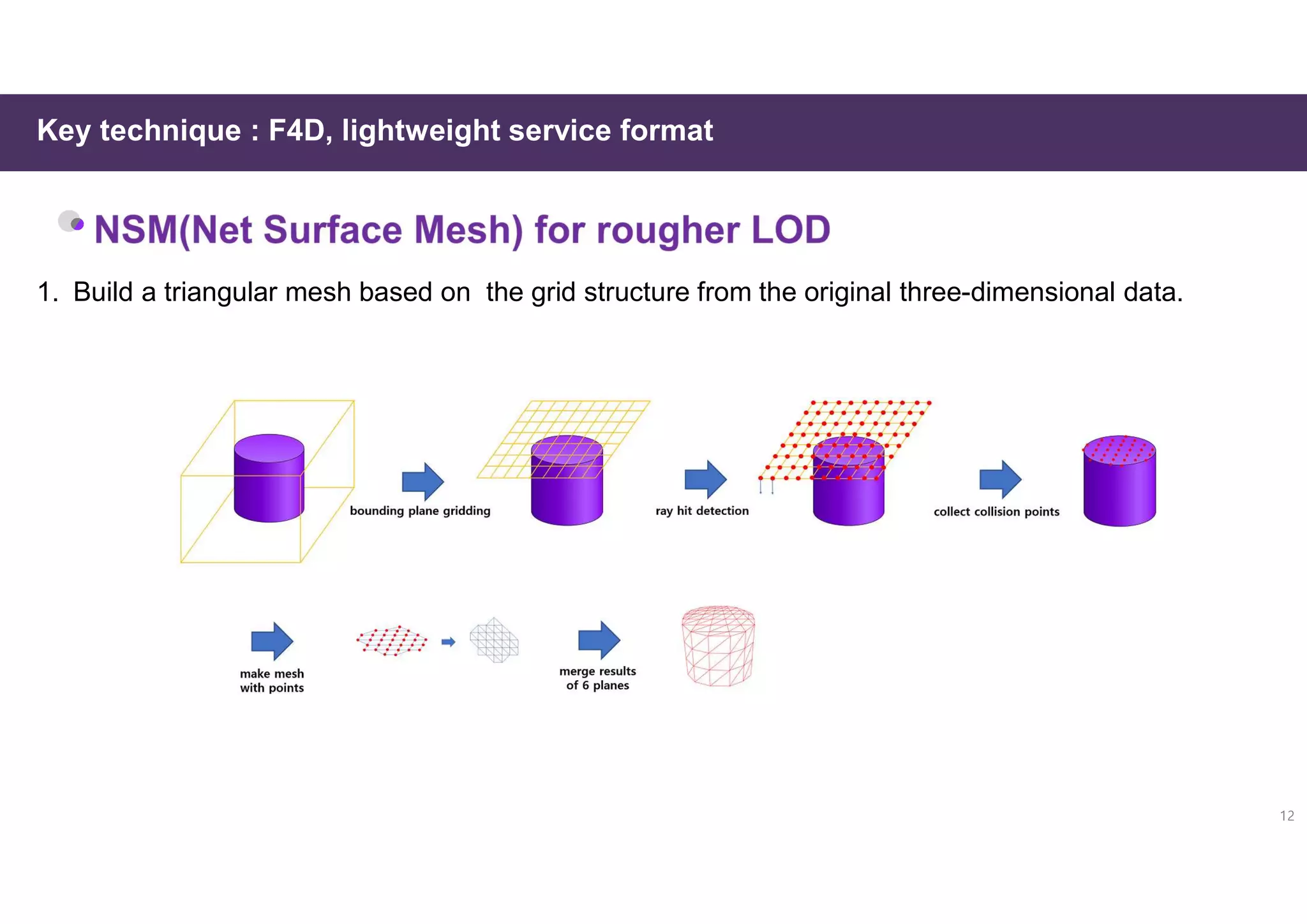 Key technique : F4D, lightweight service format
12
1. Build a triangular mesh based on the grid structure from the original three-dimensional data.
 