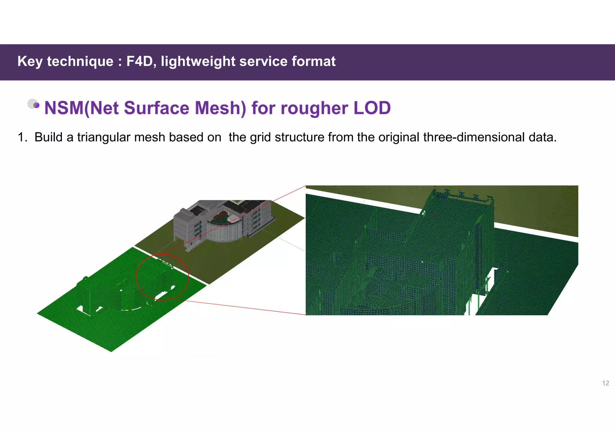 Key technique : F4D, lightweight service format
12
1. Build a triangular mesh based on the grid structure from the original three-dimensional data.
 