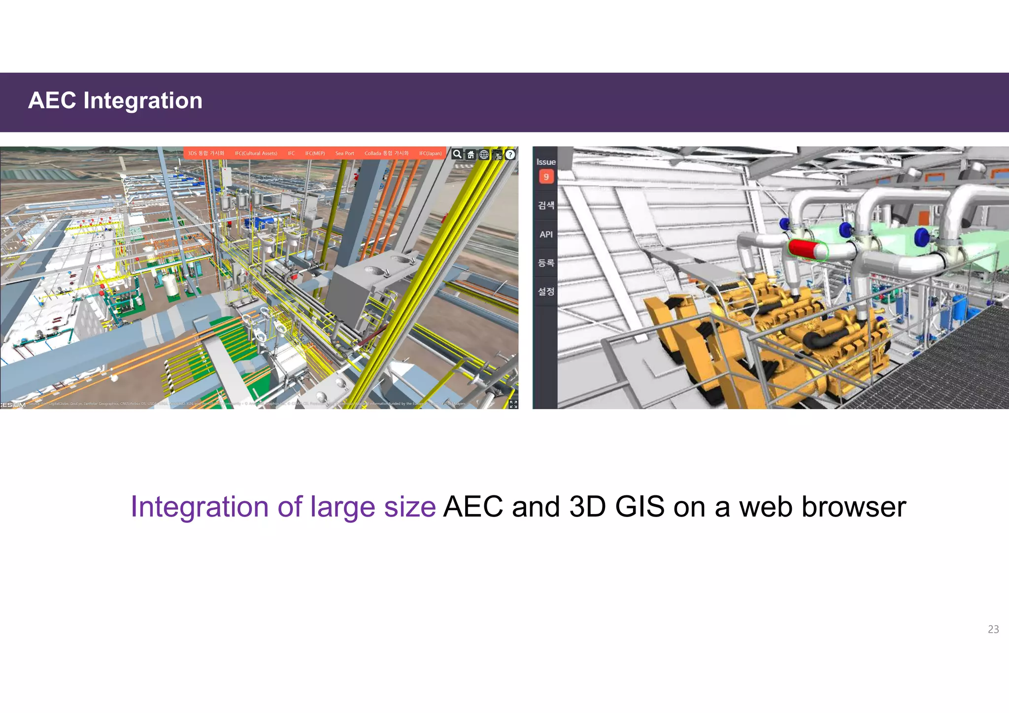 AEC Integration
23
Integration of large size AEC and 3D GIS on a web browser
 