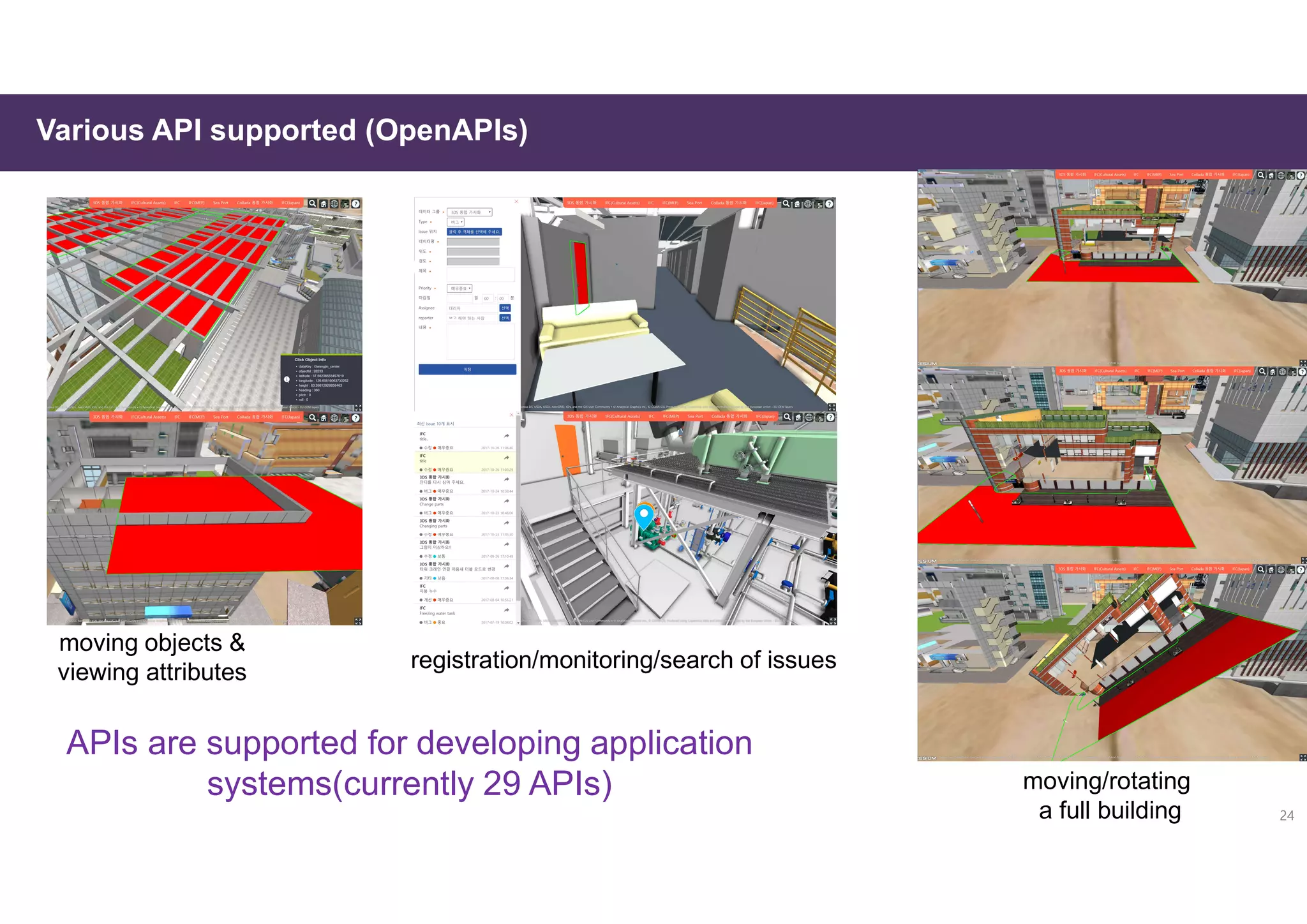 Various API supported (OpenAPIs)
APIs are supported for developing application
systems(currently 29 APIs) moving/rotating
a full building
moving objects &
viewing attributes registration/monitoring/search of issues
24
 