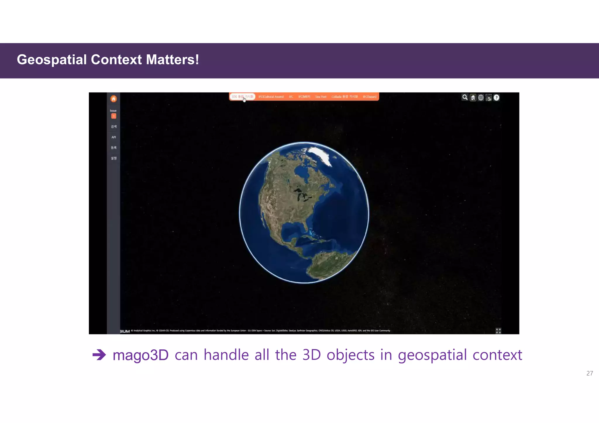 Geospatial Context Matters!
27
 mago3D can handle all the 3D objects in geospatial context
 