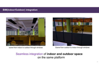 BIM(Indoor/Outdoor) integration
Seamless integration of indoor and outdoor space
on the same platform
scene from indoor to outdoor through windows Scene from outdoor to indoor through windows
21
 