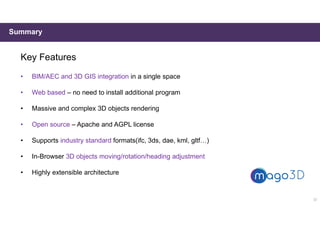 Summary
Key Features
• BIM/AEC and 3D GIS integration in a single space
• Web based – no need to install additional program
• Massive and complex 3D objects rendering
• Open source – Apache and AGPL license
• Supports industry standard formats(ifc, 3ds, dae, kml, gltf…)
• In-Browser 3D objects moving/rotation/heading adjustment
• Highly extensible architecture
32
 