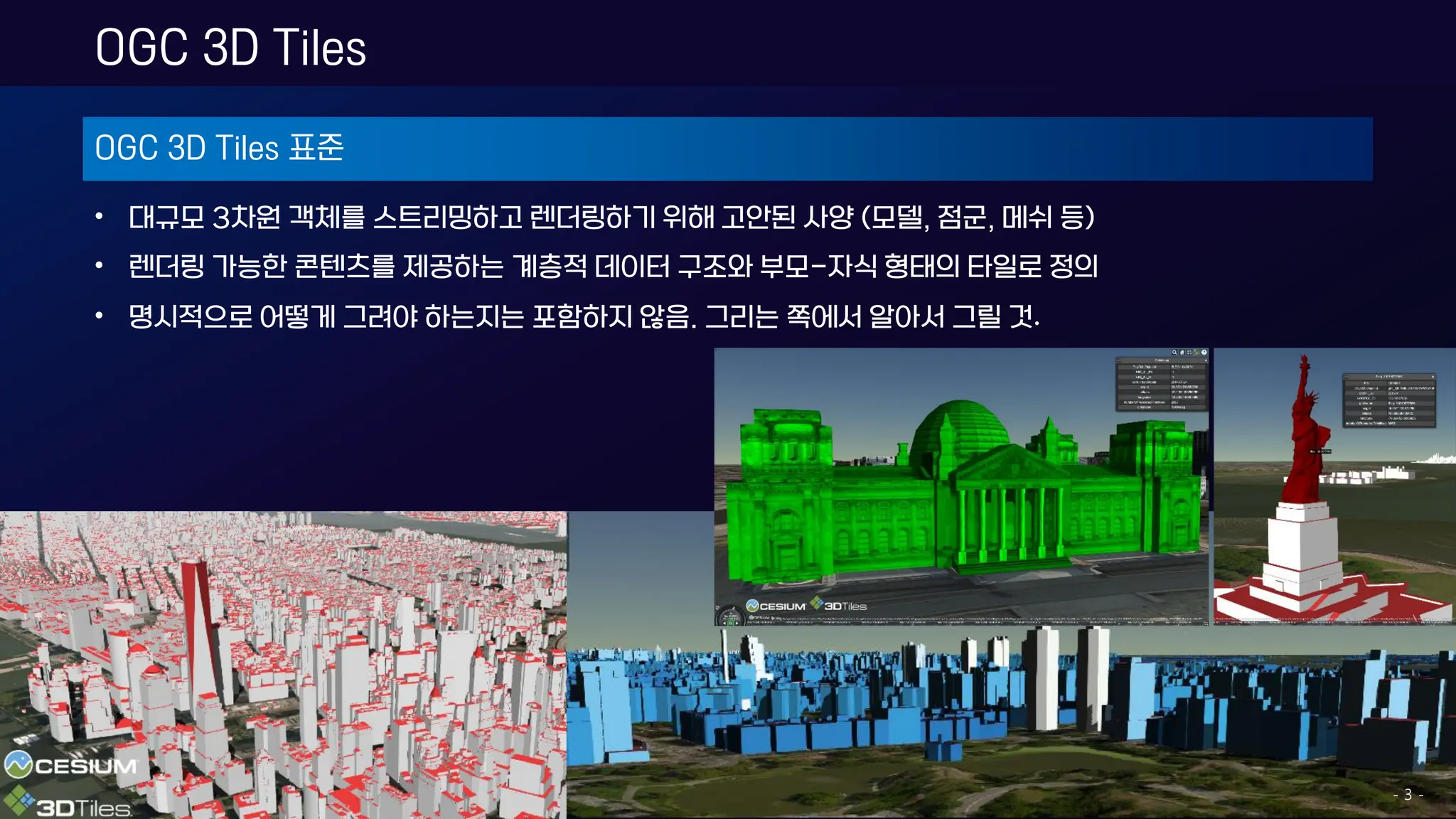 OGC 3D Tiles 표준
• 대규모 3차원 객체를 스트리밍하고 렌더링하기 위해 고안된 사양 (모델, 점군, 메쉬 등)
• 렌더링 가능한 콘텐츠를 제공하는 계층적 데이터 구조와 부모-자식 형태의 타일로 정의
• 명시적으로 어떻게 그려야 하는지는 포함하지 않음. 그리는 쪽에서 알아서 그릴 것
OGC 3D Tiles
- 3 -
 
