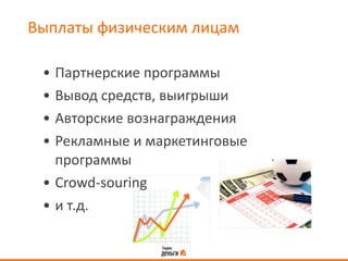 Выплаты физическим лицам Партнерские программы Вывод средств, выигрыши Авторские вознаграждения Рекламные и маркетинговые  программы Crowd-souring и т.д. 