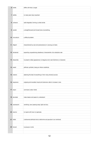 6 bristle stiﬀen with fear or anger
7 belittle to make seem less important
8 cohesive well integrated, forming a united whole
9 candid a straightforward and honest look at something
10 conundrum a diﬃcult problem
11 diligent characterized by care and perseverance in carrying out tasks
12 dictatorial expecting unquestioning obedience; characteristic of an absolute ruler
13 dissemble to present a false appearance; to disguise one's real intentions or character;
14 ersatz artiﬁcial, synthetic; being an inferior substitute
15 eclectic selecting the best of everything or from many diverse sources
16 expansive outgoing and sociable; broad and extensive; able to increase in size
17 enjoin command; order; forbid
18 elucidate make clearer and easier to understand
19 evanescent vanishing, soon passing away; light and airy;
20 enamor to inspire with love; to captivate;
21 foible a behavioral attribute that is distinctive and peculiar to an individual
22 foment to arouse or incite
12
 