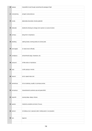 40 opaque impossible to see through; preventing the passage of light
41 overweening arrogant; presumptuous
42 ornate elaborately decorated; showily splendid
43 obdurate stubbornly refusing to change one's opinion or course of action
44 primacy being ﬁrst in importance
45 plodding walking slowly; working slowly at a boring task
46 promulgate to make known oﬃcially;
47 prodigious extraordinarily large, impressive, etc.
48 picayune of little value or importance
49 quip a witty saying or remark
50 rescind annul, repeal make void
51 sententious to be moralizing, usually in a pompous sense
52 scrupulous characterized by extreme care and great eﬀort
53 soporiﬁc causing sleep, sleepy, drowsy;
54 spartan marked by simplicity and lack of luxury
55 taciturn not talking much, reserved; silent, holding back in conversation
56 tyro beginner
14
 