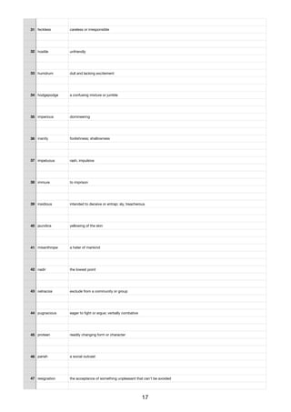 31 feckless careless or irresponsible
32 hostile unfriendly
33 humdrum dull and lacking excitement
34 hodgepodge a confusing mixture or jumble
35 imperious domineering
36 inanity foolishness; shallowness
37 impetuous rash, impulsive
38 immure to imprison
39 insidious intended to deceive or entrap; sly, treacherous
40 jaundice yellowing of the skin
41 misanthrope a hater of mankind
42 nadir the lowest point
43 ostracize exclude from a community or group
44 pugnacious eager to ﬁght or argue; verbally combative
45 protean readily changing form or character
46 pariah a social outcast
47 resignation the acceptance of something unpleasant that can't be avoided
17
 