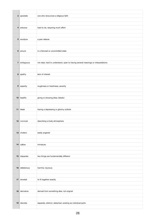 3 apostate one who renounces a religious faith
4 arduous hard to do, requiring much eﬀort
5 anodyne a pain reliever
6 amuck in a frenzied or uncontrolled state
7 ambiguous not clear, hard to understand, open to having several meanings or interpretations
8 apathy lack of interest
9 asperity roughness or harshness; severity
10 beatiﬁc giving or showing bliss; blissful
11 bleak having a depressing or gloomy outlook
12 convivial describing a lively atmosphere
13 choleric easily angered
14 callow immature;
15 disparate two things are fundamentally diﬀerent
16 deleterious harmful, injurious
17 dovetail to ﬁt together exactly
18 derivative derived from something else; not original
19 discrete separate, distinct, detached, existing as individual parts
26
 