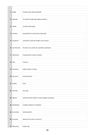 11 badger to tease, annoy, harass persistently
12 capitulate to surrender (usually under agreed conditions)
13 catholic universal; wide-ranging
14 chivalrous being attentive to women like an ideal knight
15 complacent contented to a fault with oneself or one's actions
16 commensurate the same in size, extent, etc. equivalent; proportional,
17 coterminous of equal extent or scope or duration;
18 cede to give up
19 convoluted highly complex or intricate
20 chauvinism fanatical devotion
21 doughty brave;
22 diminutive very small;
23 debonair carefree and self-conﬁdent in manner; elegant and gracious
24 disinterested unbiased, impartial; not interested;
25 excruciating extremely painful
26 enumerate determine the number or amount of
27 eﬀervescent bubbly, lively
30
 