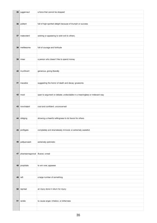 35 juggernaut a force that cannot be stopped
36 jubilant full of high-spirited delight because of triumph or success
37 malevolent wishing or appearing to wish evil to others;
38 mettlesome full of courage and fortitude
39 miser a person who doesn't like to spend money
40 muniﬁcent generous, giving liberally
41 macabre suggesting the horror of death and decay; gruesome
42 moot open to argument or debate; undecidable in a meaningless or irrelevant way
43 nonchalant cool and conﬁdent, unconcerned
44 obliging showing a cheerful willingness to do favors for others
45 proﬂigate completely and shamelessly immoral, or extremely wasteful;
46 pollyannaish extremely optimistic
47 phantasmagorical illusive; unreal
48 propitiate to win over, appease
49 raft a large number of something
50 reprisal an injury done in return for injury;
51 rankle to cause anger, irritation, or bitterness
35
 