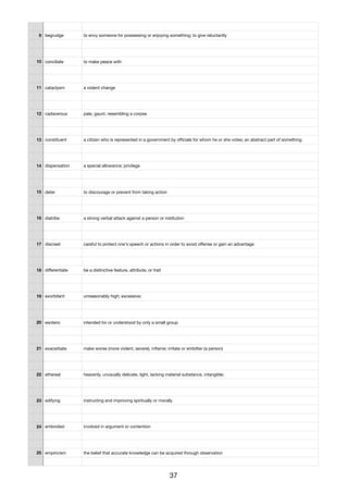 9 begrudge to envy someone for possessing or enjoying something; to give reluctantly
10 conciliate to make peace with
11 cataclysm a violent change
12 cadaverous pale, gaunt, resembling a corpse
13 constituent a citizen who is represented in a government by oﬃcials for whom he or she votes; an abstract part of something
14 dispensation a special allowance; privilege
15 deter to discourage or prevent from taking action
16 diatribe a strong verbal attack against a person or institution
17 discreet careful to protect one's speech or actions in order to avoid oﬀense or gain an advantage
18 diﬀerentiate be a distinctive feature, attribute, or trait
19 exorbitant unreasonably high; excessive;
20 esoteric intended for or understood by only a small group
21 exacerbate make worse (more violent, severe), inﬂame; irritate or embitter (a person)
22 ethereal heavenly, unusually delicate, light, lacking material substance, intangible;
23 edifying instructing and improving spiritually or morally
24 embroiled involved in argument or contention
25 empiricism the belief that accurate knowledge can be acquired through observation
37
 