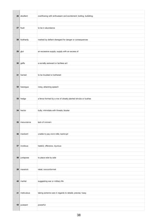 26 ebullient overﬂowing with enthusiasm and excitement; boiling, bubbling;
27 ﬂush to be in abundance
28 foolhardy marked by deﬁant disregard for danger or consequences
29 glut an excessive supply; supply with an excess of
30 gaﬀe a socially awkward or tactless act
31 harried to be troubled or bothered
32 harangue noisy, attacking speech
33 hedge a fence formed by a row of closely planted shrubs or bushes
34 hector bully; intimidate with threats; bluster
35 insouciance lack of concern
36 insolvent unable to pay one's bills; bankrupt
37 invidious hateful, oﬀensive, injurious
38 juxtapose to place side by side
39 maverick rebel; nonconformist
40 martial suggesting war or military life
41 meticulous taking extreme care in regards to details; precise, fussy
42 puissant powerful
38
 