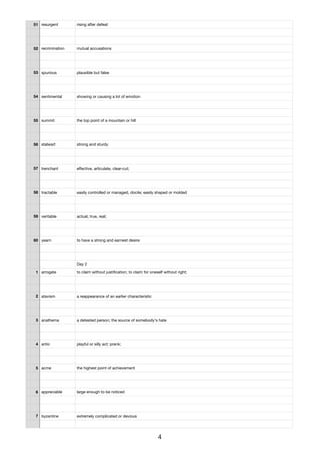 51 resurgent rising after defeat
52 recrimination mutual accusations
53 spurious plausible but false
54 sentimental showing or causing a lot of emotion
55 summit the top point of a mountain or hill
56 stalwart strong and sturdy
57 trenchant eﬀective, articulate, clear-cut;
58 tractable easily controlled or managed, docile; easily shaped or molded
59 veritable actual, true, real;
60 yearn to have a strong and earnest desire
Day 2
1 arrogate to claim without justiﬁcation; to claim for oneself without right;
2 atavism a reappearance of an earlier characteristic
3 anathema a detested person; the source of somebody's hate
4 antic playful or silly act; prank;
5 acme the highest point of achievement
6 appreciable large enough to be noticed
7 byzantine extremely complicated or devious
4
 