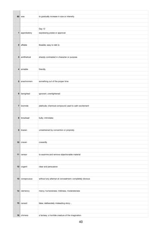 60 wax to gradually increase in size or intensity
Day 12
1 approbatory expressing praise or approval
2 aﬀable likeable; easy to talk to
3 antithetical sharply contrasted in character or purpose
4 amiable friendly
5 anachronism something out of the proper time
6 benighted ignorant; unenlightened
7 bromide platitude; chemical compound used to calm excitement
8 browbeat bully; intimidate;
9 brazen unrestrained by convention or propriety
10 craven cowardly
11 censor to examine and remove objectionable material
12 cogent clear and persuasive
13 conspicuous without any attempt at concealment; completely obvious
14 clemency mercy, humaneness; mildness, moderateness
15 canard false; deliberately misleading story; ,
16 chimera a fantasy; a horrible creature of the imagination
40
 