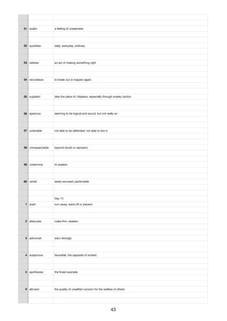 51 qualm a feeling of uneasiness
52 quotidian daily; everyday, ordinary
53 redress an act of making something right
54 recrudesce to break out or happen again;
55 supplant take the place of, displace, especially through sneaky tactics
56 specious seeming to be logical and sound, but not really so
57 untenable not able to be defended, not able to live in
58 unimpeachable beyond doubt or reproach;
59 undermine to weaken
60 venial easily excused; pardonable
Day 13
1 avert turn away; ward oﬀ or prevent
2 attenuate make thin; weaken
3 admonish warn strongly
4 auspicious favorable, the opposite of sinister;
5 apotheosis the ﬁnest example
6 altruism the quality of unselﬁsh concern for the welfare of others
43
 