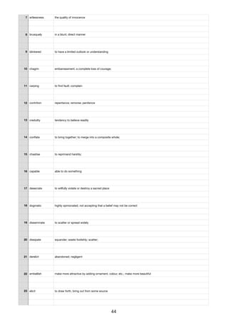 7 artlessness the quality of innocence
8 brusquely in a blunt, direct manner
9 blinkered to have a limited outlook or understanding
10 chagrin embarrassment; a complete loss of courage;
11 carping to ﬁnd fault; complain
12 contrition repentance; remorse; penitence
13 credulity tendency to believe readily
14 conﬂate to bring together; to merge into a composite whole;
15 chastise to reprimand harshly;
16 capable able to do something
17 desecrate to willfully violate or destroy a sacred place
18 dogmatic highly opinionated, not accepting that a belief may not be correct
19 disseminate to scatter or spread widely
20 dissipate squander; waste foolishly; scatter;
21 derelict abandoned; negligent
22 embellish make more attractive by adding ornament, colour, etc.; make more beautiful
23 elicit to draw forth, bring out from some source
44
 