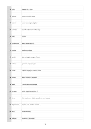 8 bridle headgear for a horse;
9 bellicose warlike; inclined to quarrel
10 coalesce fuse or cause to grow together
11 culminate reach the highest point or ﬁnal stage
12 chary cautious
13 contemptuous lacking respect; scornful
14 cupidity greed, strong desire
15 cavalier given to haughty disregard of others
16 collusion agreement on a secret plot
17 celerity swiftness, rapidity of motion or action
18 churlish lacking manners or reﬁnement
19 despot a dictator with absolute power
20 denigrate belittle, attack the reputation of
21 demur show reluctance or object, especially for moral reasons,
22 dispassionate impartial; calm, free from emotion
23 decry to criticize openly
24 exemplar something to be imitated
5
 