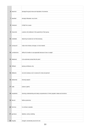 6 besmirch damage the good name and reputation of someone
7 besotted strongly infatuated, very drunk
8 champion to ﬁght for a cause
9 chauvinist a person who believes in the superiority of their group
10 creditable deserving of praise but not that amazing
11 compound make more intense, stronger, or more marked
12 cumbersome diﬃcult to handle or use especially because of size or weight
13 diabolical to be extremely wicked like the devil
14 diﬃdent lacking conﬁdence, shy
15 dilletante one who studies an art or science for mere amusement
16 deferential showing respect
17 exalt praise or glorify
18 empathetic showing understanding and ready comprehension of other peoples' states and emotions
19 fecund fertile; productive;
20 ﬂummox to confuse or perplex
21 garrulous talkative, wordy, rambling
22 haughty arrogant, excessively proud and vain
51
 