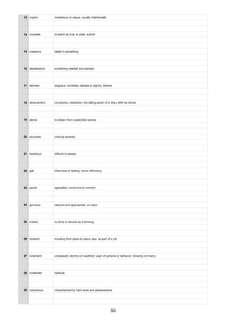 13 cryptic mysterious or vague, usually intentionally
14 concede to admit as true; to yield, submit
15 credence belief in something
16 desideratum something needed and wanted;
17 demean disgrace; humiliate; debase in dignity; behave
18 denouement conclusion; resolution; the falling action of a story after its climax
19 derive to obtain from a speciﬁed source
20 excoriate criticize severely
21 fastidious diﬃcult to please
22 gall bitterness of feeling; nerve; eﬀrontery;
23 genial agreeable, conducive to comfort
24 germane relevant and appropriate, on-topic
25 imbibe to drink or absorb as if drinking
26 itinerant traveling from place to place, esp. as part of a job
27 inclement unpleasant, stormy (of weather); used of persons or behavior; showing no mercy
28 inveterate habitual
29 industrious characterized by hard work and perseverance
55
 